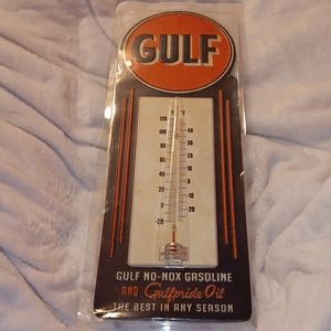 Gulf Oil thermometer 5.5 " by 15.5 " metal in black & orange